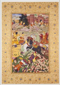 Kampscene: Pandavaerne anført af Krishna
vs. Kauravaerne anført af Bhishma, slutningen af det 16.
århundrede (Maleri)