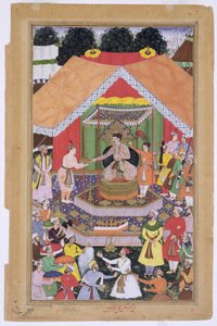 Kejser Akbar (r.1556-1605) underholdt af sin plejebror Azim Khan i Dipalpur, Punjab, 1571, fra Akbarnama lavet af Abul Fazi, 1590-98 (ugennemsigtigt wc & guld på papir) af Mughal School