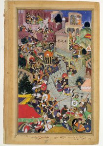 Kejser Akbar (r.1556-1605) skyder Saimal ved belejringen af Chitov i 1567 fra Akbarnama lavet af Abul Fazi, 1590-98 (ugennemsigtigt wc & guld på papir) af Mughal School