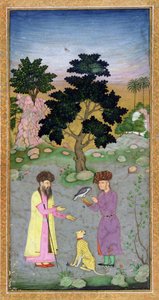 Falkoner med ledsager og kæledyrsgepard, fra Small Clive Album, ca. 1610-15 (ugennemsigtigt wc på papir) af Mughal School