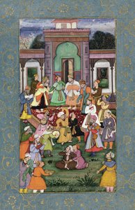 Gruppe af hvirvlende dervisher, fra Large Clive Album, ca. 1595 (ugennemsigtigt wc med guld på papir) af Mughal School