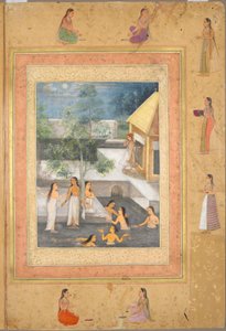Harem Night-Bathing Scene (recto): Kalligrafi indrammet af en dekorativ kant af blomster og fugle (verso), ca. 1650 (blæk og farve på papir) af Mughal School