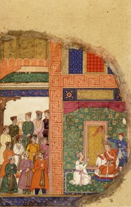 Kong Dasaratha taler med familiepræsten om Ramas regentskab inde i paladset, mens hoffolk og ministre venter i gården, ca. 1595 af Mughal School