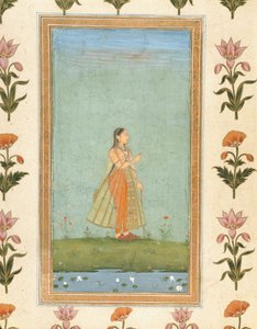 Dame med en blomst, stående ved en liljedam, fra Small Clive Album (ugennemsigtigt wc på papir) af Mughal School