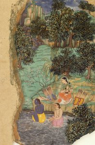 Rama og Lakshmana tilbyder vand til deres døde far på bredden af Mandakini-floden, ca. 1595 af Mughal School