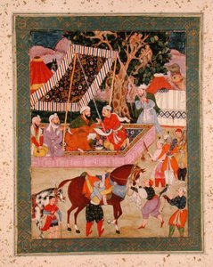Scene under en Hawking Ekspedition, fra Large Clive Album, ca. 1570 af Mughal School