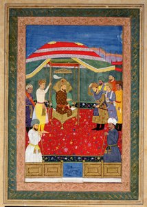 Mughal-kejseren Babur (1526-30) sidder på en trone og modtager en prins, Johnson Album I, nr. 3 nummereret 65 af Mughal School