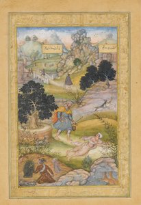 En muslimsk pilgrim lærer en lektion i fromhed af en brahman, folio fra en Khamsa..., 1597-98 af Muhammad Husain Kashmiri