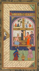 Zulaykha i sit palads og som en gammel kvinde med Joseph, fra en Panj Ganj (fem skatte) af Abd al-Rahman Jami (persisk, 1414-1492); Verso: Fra en Panj Ganj af Abd al-Rahman Jami (persisk, 1414-1492), med to masnavis: Yusuf va Zulaykha (Joseph og Zulayk