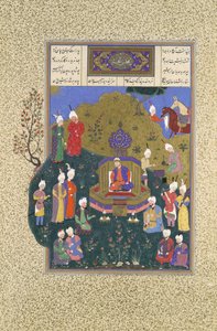 Buzurjmihr vises på Nushirvans femte forsamling, folio 622r fra Shahnama ..., ca. 1530-3 af Muzaffar 