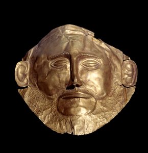 Begravelsesmaske i mykensk guld (af Mykenes) kendt som "Mask of Agamemnon""
