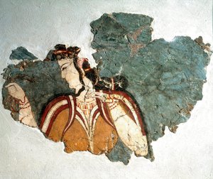 Mykensk kunst: "" Lady of Mycenes""" Fresco forestillende en kurtisane fra et privat hjem på akropolis. 13. århundrede f.Kr. Athens nationale arkæologiske museum (inv. 11670)