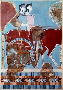 Mykensk kunst: par på en tank. Fragment af freskomaleri fra paladset i Tiryns The og rekonstitution af Mycenaean