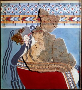 Mykensk kunst: kvindebuste. Fragment af freskomaleri fra paladset i Tiryns The og rekonstitution af Mycenaean
