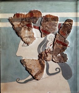 Mykensk kunst: feminint hoved. Fragment af freskomaleri fra paladset i Tiryns af Mycenaean