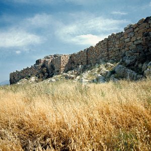 Mykensk kunst: udsigt over ruinerne af muren i Tiryns Byen bygget omkring 1200 f.Kr. Grækenland af Mycenaean