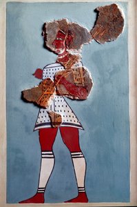 Mykensk kunst: kriger. Fragment af freskomaleri fra paladset i Tiryns The og rekonstitution af Mycenaean