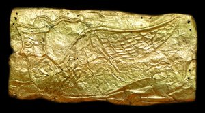 Guldplade til glasvaseformet plakette af Mycenaean