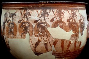 Mykensk civilisation: krater kaldet Warriors. Fra kredsen af grave A til Mykenes. 12. århundrede f.Kr. Athen, National Archaeological Museum - Art of Mycenaean civilisation: krater kaldet Warriors krater. Fra gravkredsen A ved Mykene. 12. århundrede