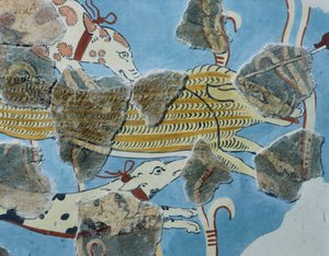 Fresco fra Tirinto Palace (Grækenland). Detalje: gruppe hunde angriber et vildsvin. Mykensk civilisation af Mycenean
