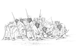 Indfødte amerikanske jægere danser iført bøffelmasker, 1841.