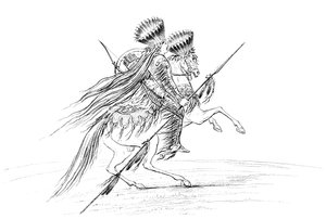 Indfødt amerikansk mand med våben og hovedbeklædning, ridende på hest, 1841. af Myers and Co