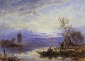 En færge ved solnedgang, af Myles Birket Foster