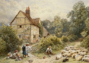 Fowl House Farm, Witley, med børn, en hyrde og en flok får i nærheden,