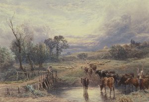 Landskab med kvæg og bro, 19. århundrede af Myles Birket Foster