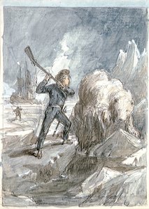 Nelson møder en bjørn, ca. 1854 (grå vask, forstærket med hvidt, akvarel, grafit) af Myles Birket Foster