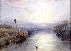 Flodlandskab (akvarel) af Myles Birket Foster