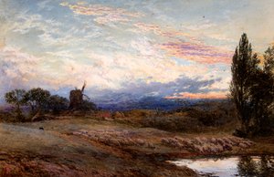 Får vander ved solnedgang (akvarel) af Myles Birket Foster