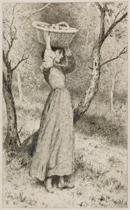 Ung pige i en frugthave med en kurv med frugt af Myles Birket Foster