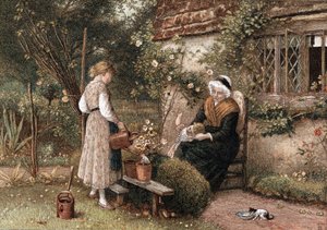Ungdom og alder. Kromolitografi efter maleri af Myles Birkett Foster (1825-1899), engelsk kunstner, udgivet i London 1866. Bedstemor med blondehue sidder i en sommerhushave med to børnebørn. Pigen bruger en vandkande til at vande en plante i en potte. Kill af Myles Birket Foster
