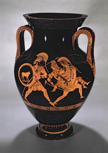 Attic rød-figur mave amfora skildrer bortførelsen af Antiope med Theseus og Pirithous, ca. 500-490 f.Kr. (keramik) af Myson