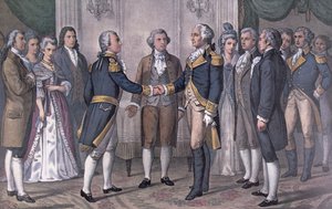 Det første møde mellem general George Washington (1732-99) og markis de La Fayette (1757-1834) Philadelphia, 3. august 1777, udgivet i 1876 (farvelitografi) af N. and Ives J.M. (after) Currier