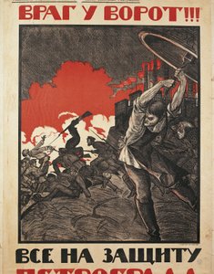 Russisk plakat: "Fjenden er nær! Rejs dig og forsvar Petrograd!" af N. Kochergin