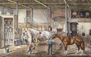 Modelstald, hvor drenge og hestepassere virkelig tager sig af hestene, kobberstik fra bogen "America" af Currier og Yves 1870