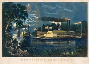 "Rounding a Bend" på Mississippi - afskedshilsen af Currier and Ives