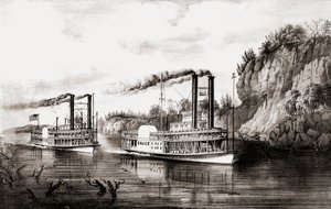 Dampbåde kapsejlads på Mississippi-floden, USA. af N. and Ives J.M. Currier