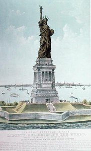 Den store Bartholdi-statue, Liberty Enlightening the World (farve litho) af Currier and Ives