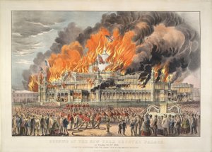 Afbrænding af New York Crystal Palace tirsdag den 5. oktober 1858 (farvelitografi)   Farvet litografi af Currier and Ives