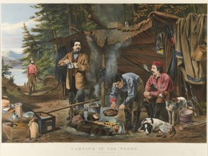 Camping i skoven "A Good Time Coming" (farvelitografi) af Currier and Ives