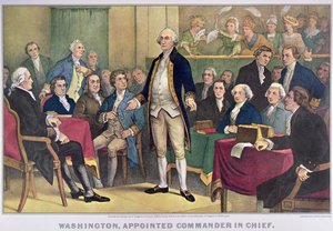 George Washington (1732-99) udnævnt til øverstbefalende, udgivet 1876 (farve litho) af Currier and Ives
