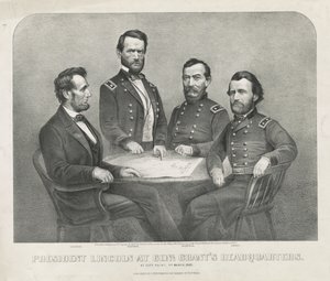 Præsident Lincoln ved Genl. Grants hovedkvarter, ca. 1865 (litografi) af Currier and Ives