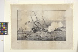 Sinking Of The Cumberland af The Ironclad "Merrimack" (litografi)