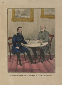 Overgivelse af Genl. Lee, hos Appomattox C.H. Va. 9. april. 1865 (farvelitografi) af Currier and Ives