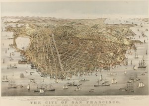 The City of San Francisco - Fugleperspektiv fra bugten, med udsigt til sydvest af Currier and Ives