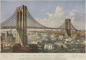 The Great East River Suspension Bridge: Forbinder byerne New York og Brooklyn af Currier and Ives