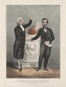 Washington og Lincoln. Vort lands fader og frelser, ca. 1865 (farvelitografi) af Currier and Ives